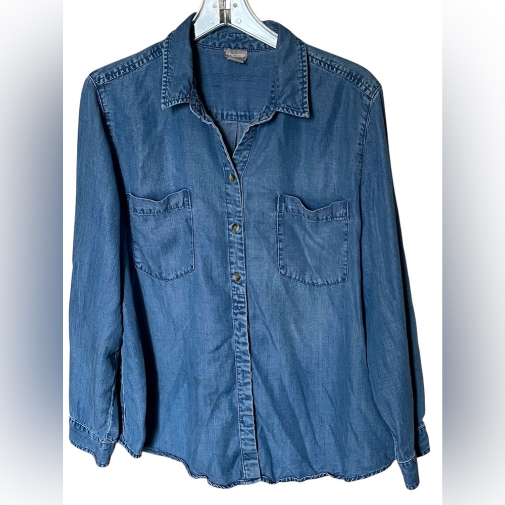 Chico's Blue Indigo Denim Button Down Roll Tab Sleeve Shirt Size 3 - XL 16/18